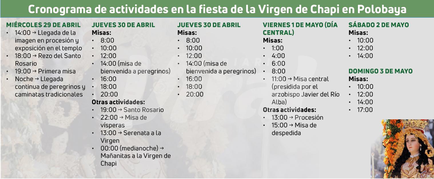 Cronograma de actividades para la festividad de la Virgen de Chapi en Polobaya